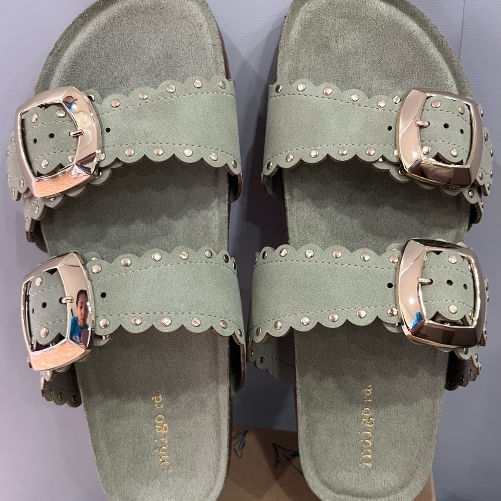 Indigo Sage Green Double Buckle‎ Studded Slide Sandals
